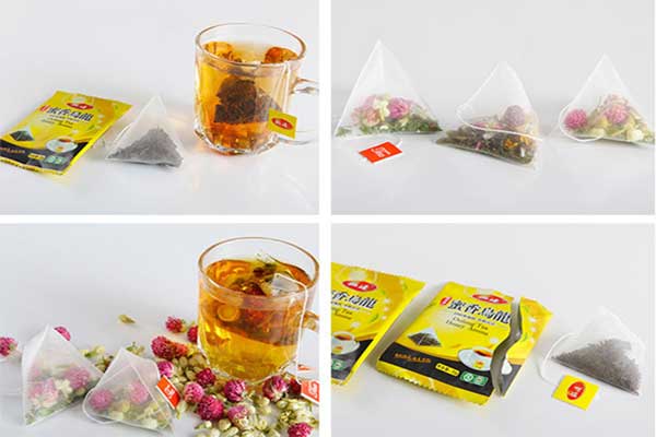 內(nèi)外袋茶葉包裝機(jī)可采用復(fù)合膜、過濾紙、無紡布等薄膜制袋